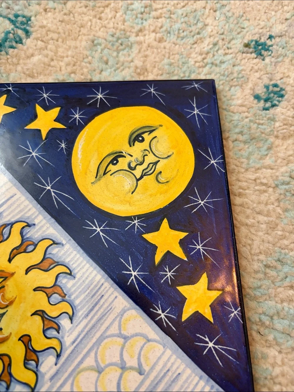 Vintage Cotto Petrus Italian Tile/Trivet - Yellow and Navy celestial